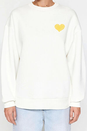 Kadın Oversize Bisiklet Yaka Düşük Kol Uzun Kalın Polarlı  Sırt Kabartma Baskılı Örme Sweatshirt