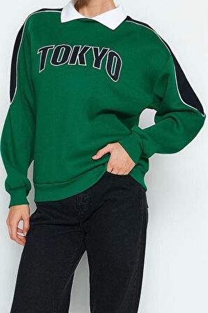 Kadın Gömlek Yaka Reglan Kol Kalın İçi Polarlı Polo Yaka Normal Kalıp Örme Sweatshirt