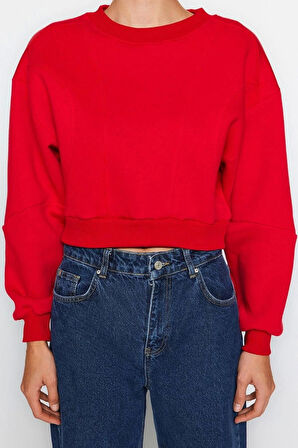 Kadın Bisiklet Yaka Düşük Kol Kalın İçi Polarlı Dikiş Detaylı Normal Kalıp Örme Sweatshirt