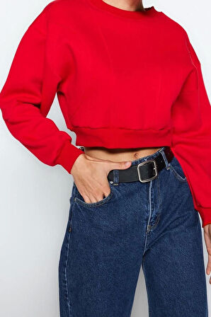 Kadın Bisiklet Yaka Düşük Kol Kalın İçi Polarlı Dikiş Detaylı Normal Kalıp Örme Sweatshirt