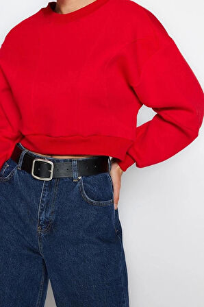Kadın Bisiklet Yaka Düşük Kol Kalın İçi Polarlı Dikiş Detaylı Normal Kalıp Örme Sweatshirt