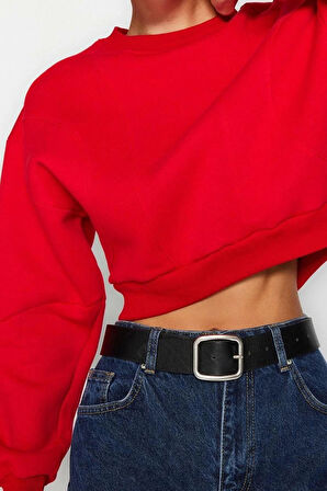 Kadın Bisiklet Yaka Düşük Kol Kalın İçi Polarlı Dikiş Detaylı Normal Kalıp Örme Sweatshirt