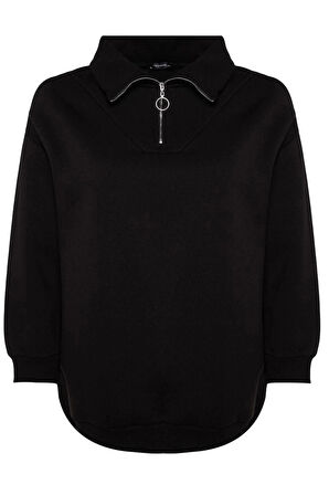 Kadın Büyük Beden Oversize Fermuarlı Yaka Düşük Kol Uzun Kalın İçi Polarlı Fermuarlı Örme Sweatshirt