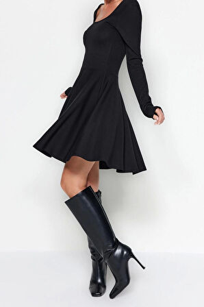 Yeni Slim Gündüz Gece İnterlok Örme Kare Yaka Uzun Kol Skater Mini Boy Elbise