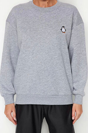 Kadın Bisiklet Yaka Standart Kol Animal Nakışlı Normal Kalıp Kalın İçi Polarlı Örme Sweatshirt