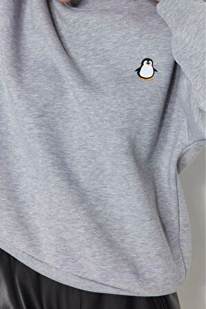Kadın Bisiklet Yaka Standart Kol Animal Nakışlı Normal Kalıp Kalın İçi Polarlı Örme Sweatshirt