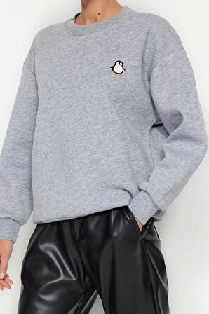 Kadın Bisiklet Yaka Standart Kol Animal Nakışlı Normal Kalıp Kalın İçi Polarlı Örme Sweatshirt