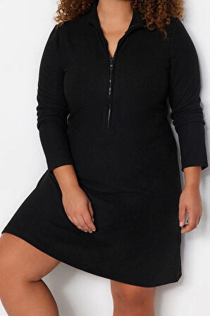 Kadın Moda Şık Büyük Beden Mini Boy Dik Yaka Relaxed Yumoş Örme Büyük Beden Elbise