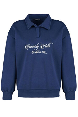 Kadın Oversize Gömlek Yaka Düşük Kol Uzun Gömlek Yaka Nakışlı Fit Kalın İçi Polarlı Örme Sweatshirt