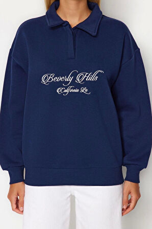 Kadın Oversize Gömlek Yaka Düşük Kol Uzun Gömlek Yaka Nakışlı Fit Kalın İçi Polarlı Örme Sweatshirt