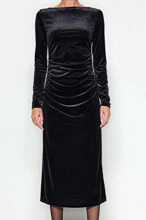 Kadın Moda Şık Midi Boy Kayık Yaka Slim Kadife Büzgülü Fitted Vücuda Oturan Esnek Örme Elbise