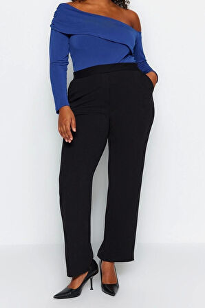 Kadın Yeni Moda Büyük Beden Boru Paça Regular Boy Örme Yüksek Bel Krep Örme Pantolon