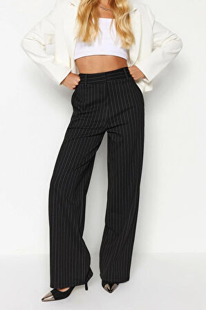 Kadın Yeni Moda Geniş Paça Regular Boy Örme Çizgili Fit Yüksek Bel Örme Palazzo Pantolon