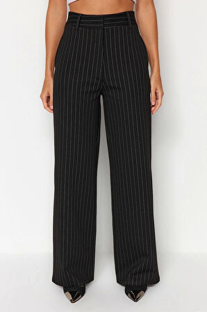 Kadın Yeni Moda Geniş Paça Regular Boy Örme Çizgili Fit Yüksek Bel Örme Palazzo Pantolon