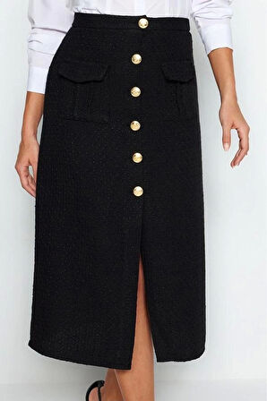 Kadın Moda Stil Midi Astarsız Dokuma Tüvit Kumaş Düğme Detaylı Midi Dokuma Etek