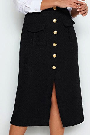 Kadın Moda Stil Midi Astarsız Dokuma Tüvit Kumaş Düğme Detaylı Midi Dokuma Etek