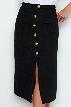 Kadın Moda Stil Midi Astarsız Dokuma Tüvit Kumaş Düğme Detaylı Midi Dokuma Etek