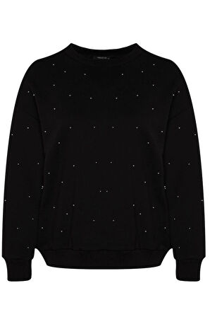 Kadın Büyük Beden Moda Oversize Bisiklet Yaka Düşük Kol Regular Kalın Zımba Detaylı Örme Sweatshirt