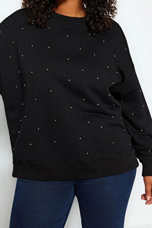 Kadın Büyük Beden Moda Oversize Bisiklet Yaka Düşük Kol Regular Kalın Zımba Detaylı Örme Sweatshirt
