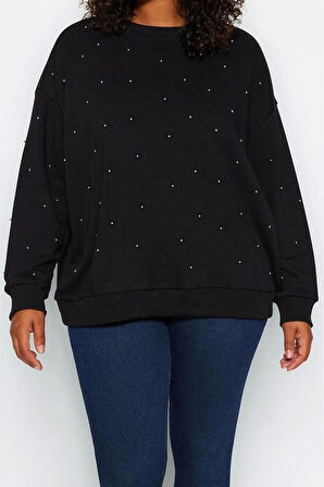 Kadın Büyük Beden Moda Oversize Bisiklet Yaka Düşük Kol Regular Kalın Zımba Detaylı Örme Sweatshirt