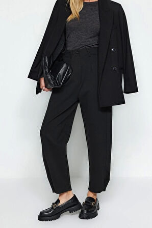 Kadın Dar Paça Regular Boy Örme Pileli Geniş Rahat Kesim Yüksek Bel Havuç Fit İnterlok Örme Pantolon