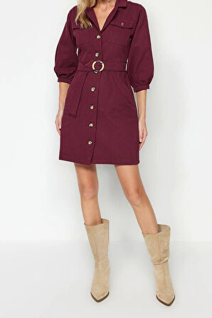 Yeni Regular Casual Günlük Gabardin Dokuma Ceket Yaka Truvakar Kol Kol Gömlek Elbise Mini Boy Elbise