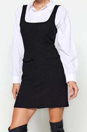 Yeni Regular Casual Günlük Tüvit Dokuma Kare Yaka Askılı Kol Jile Mini Boy Elbise