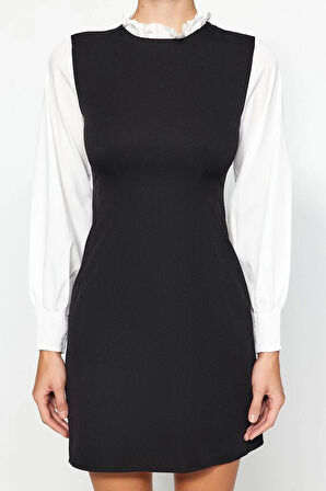 Yeni Regular Business Finike Dokuma Dik Yaka Uzun Kol A-Line Mini Boy Elbise