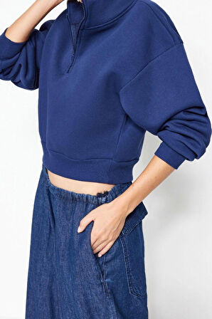 Kadın Fitted Fermuarlı Yaka Düşük Kol Crop Rahat Kesim Crop Fermuarlı Kalın Polarlı Örme Sweatshirt
