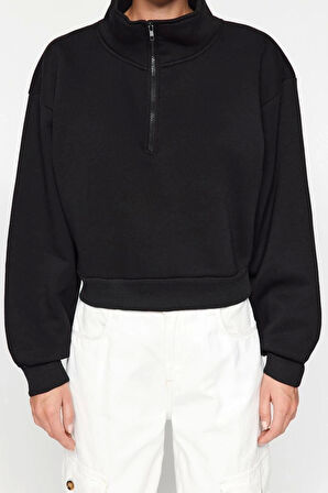 Kadın Fitted Fermuarlı Yaka Düşük Kol Crop Rahat Kesim Crop Fermuarlı Kalın Polarlı Örme Sweatshirt