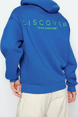 Kadın Moda Bol Kapüşonlu Düşük Kol Uzun Sırt Baskılı Geniş Kalıp Kalın İçi Polarlı Örme Sweatshirt