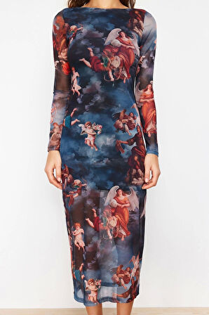 Kadın Moda Şık Midi Boy Bisiklet Yaka Slim Baskılı Astarlı Vücuda Oturan Tül Örme Örme Elbise