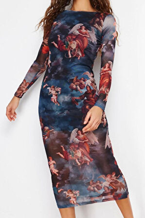 Kadın Moda Şık Midi Boy Bisiklet Yaka Slim Baskılı Astarlı Vücuda Oturan Tül Örme Örme Elbise