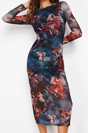 Kadın Moda Şık Midi Boy Bisiklet Yaka Slim Baskılı Astarlı Vücuda Oturan Tül Örme Örme Elbise