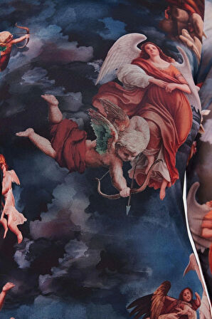 Kadın Moda Şık Midi Boy Bisiklet Yaka Slim Baskılı Astarlı Vücuda Oturan Tül Örme Örme Elbise