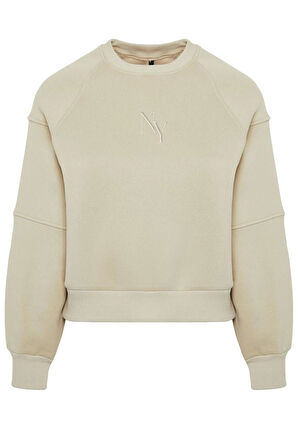 Kadın Moda Şık Regular Bisiklet Yaka Düşük Kol Crop Fit Nakışlı Kalın İçi Polarlı Örme Sweatshirt