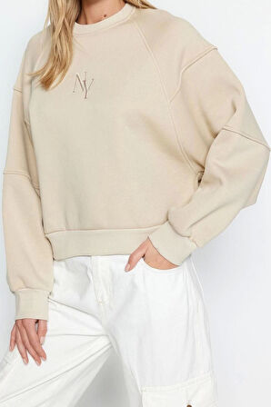 Kadın Moda Şık Regular Bisiklet Yaka Düşük Kol Crop Fit Nakışlı Kalın İçi Polarlı Örme Sweatshirt