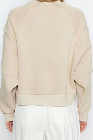 Kadın Moda Şık Regular Bisiklet Yaka Düşük Kol Crop Fit Nakışlı Kalın İçi Polarlı Örme Sweatshirt