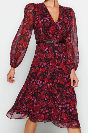 Kadın Moda Şık Midi Boy Kruvaze Regular Çiçekli Kemerli A Kesim Yaka Desenli Şifon Dokuma Elbise