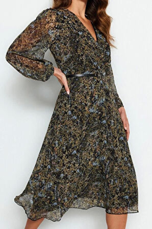 Kadın Moda Şık Midi Boy Kruvaze Regular Çiçekli Kemerli A Kesim Yaka Desenli Şifon Dokuma Elbise