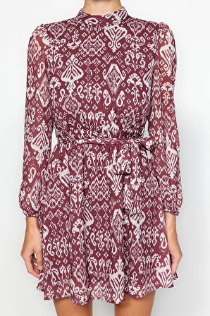 Yeni Regular Gündüz Gece Şifon Dokuma Dik Yaka Uzun Kol A-Line Mini Boy Elbise