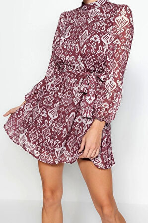 Yeni Regular Gündüz Gece Şifon Dokuma Dik Yaka Uzun Kol A-Line Mini Boy Elbise