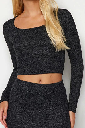 Kadın Moda Şık Üst Giyim Crop Kare Yaka Slim Kalıp Örme Fitted Vücuda Oturan Yumoş Bluz