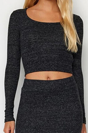 Kadın Moda Şık Üst Giyim Crop Kare Yaka Slim Kalıp Örme Fitted Vücuda Oturan Yumoş Bluz