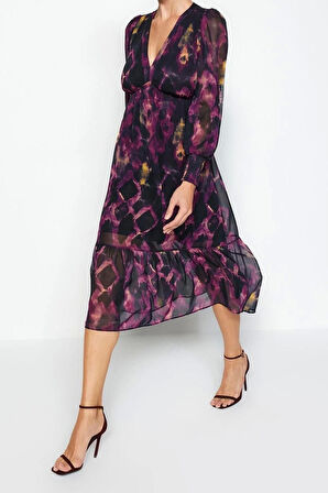 Yeni Regular Gündüz Gece Şifon Dokuma V Yaka Uzun Kol A-Line Midi Boy Elbise