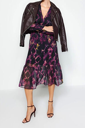 Yeni Regular Gündüz Gece Şifon Dokuma V Yaka Uzun Kol A-Line Midi Boy Elbise