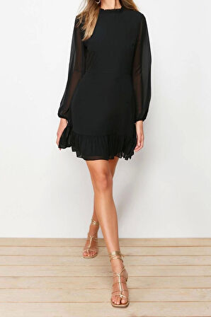 Yeni Regular Gündüz Gece Şifon Dokuma Dik Yaka Uzun Kol A-Line Mini Boy Elbise