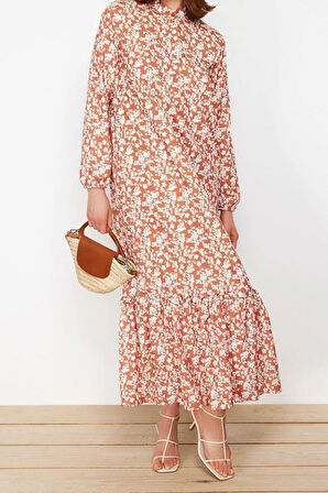 Yeni Regular Casual Günlük Queen Crep Dokuma Dik Yaka Uzun Kol A-Line Maxi Boy Tesettür Elbise