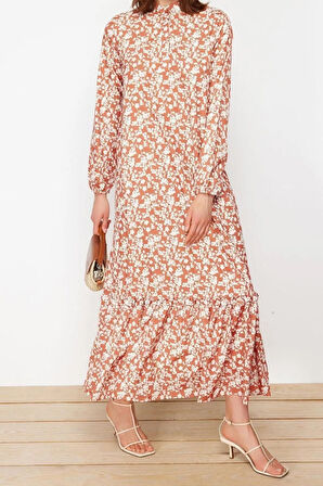 Yeni Regular Casual Günlük Queen Crep Dokuma Dik Yaka Uzun Kol A-Line Maxi Boy Tesettür Elbise