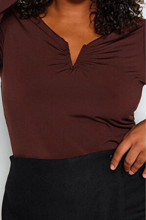 Kadın Moda Şık Büyük Beden Regular V Yaka Fitted Kalıp Örme Sandy Bluz